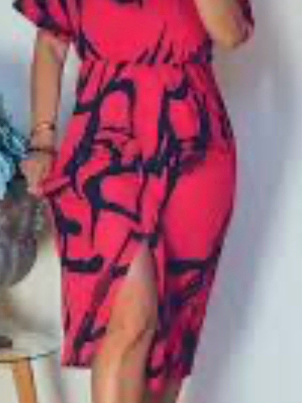 Red Abstract Print Midi Skirt Dress with Front Slit and elastic waiste